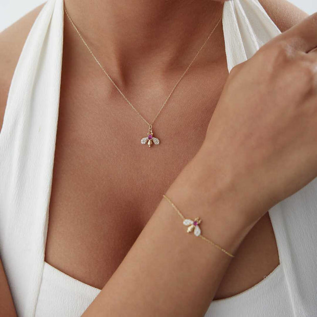 14k Gold Bee Necklace with Pave CZ - Solid 14k Gold Necklace