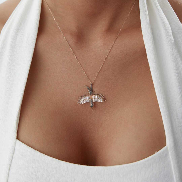 14k Gold Bird Necklace Pave CZ - Solid 14k Gold Necklace