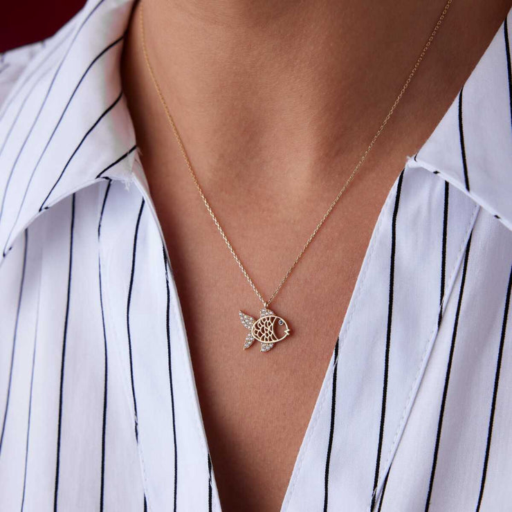 14k Gold Fish Necklace with CZ in 14k Gold - Solid 14k Gold Necklace