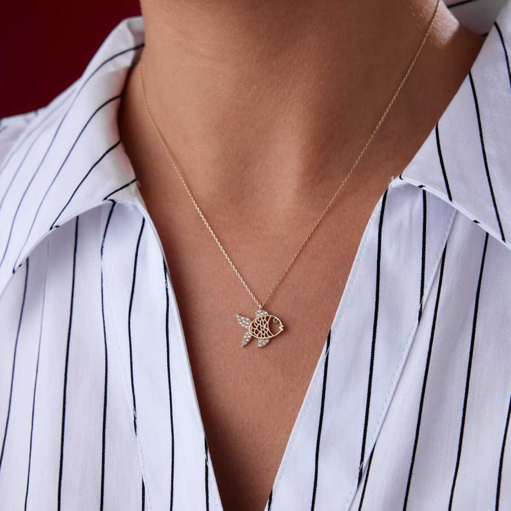 14k Gold Fish Necklace with CZ in 14k Gold - Solid 14k Gold Necklace