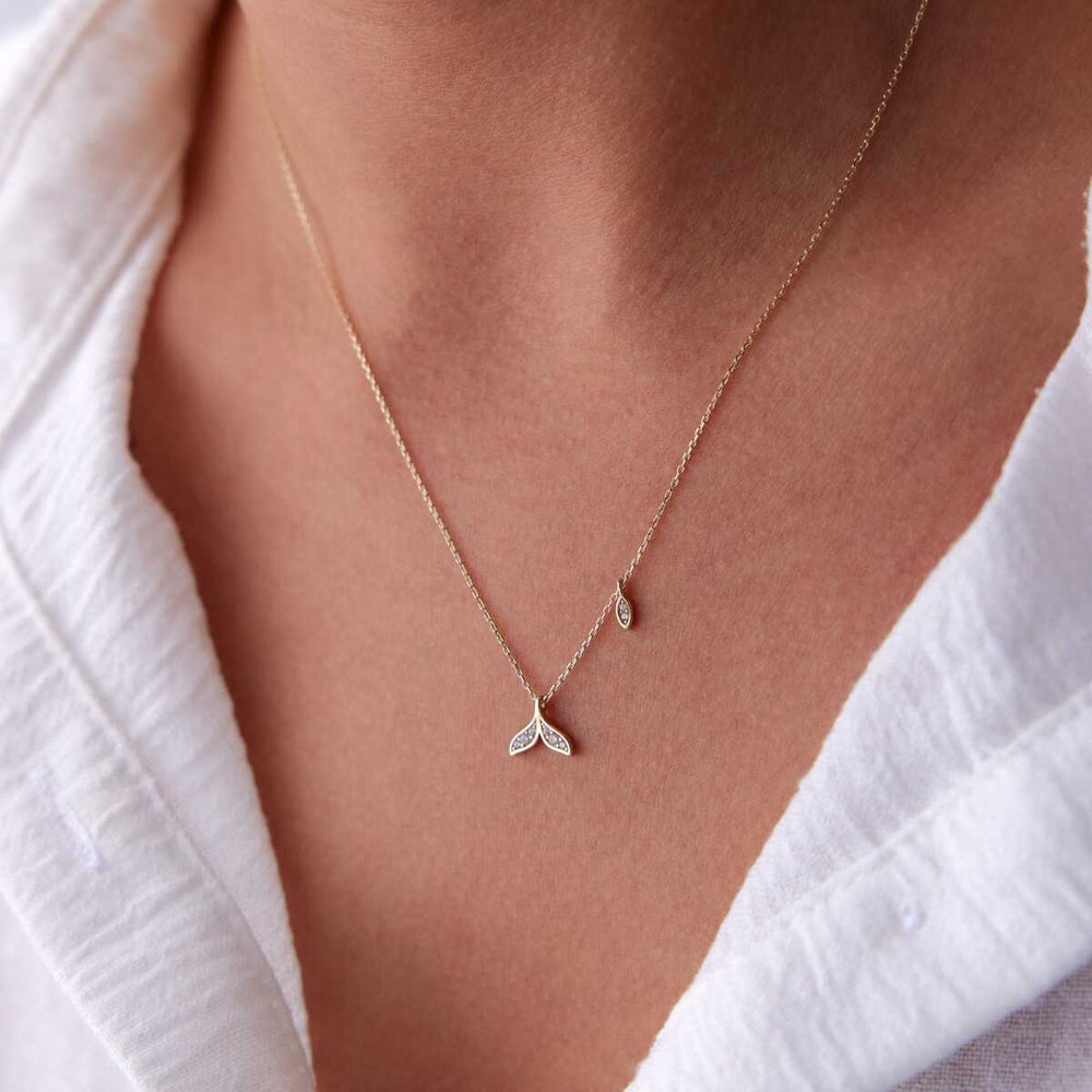 14k Gold Whale Tail Necklace with CZ - Solid 14k Gold Necklace