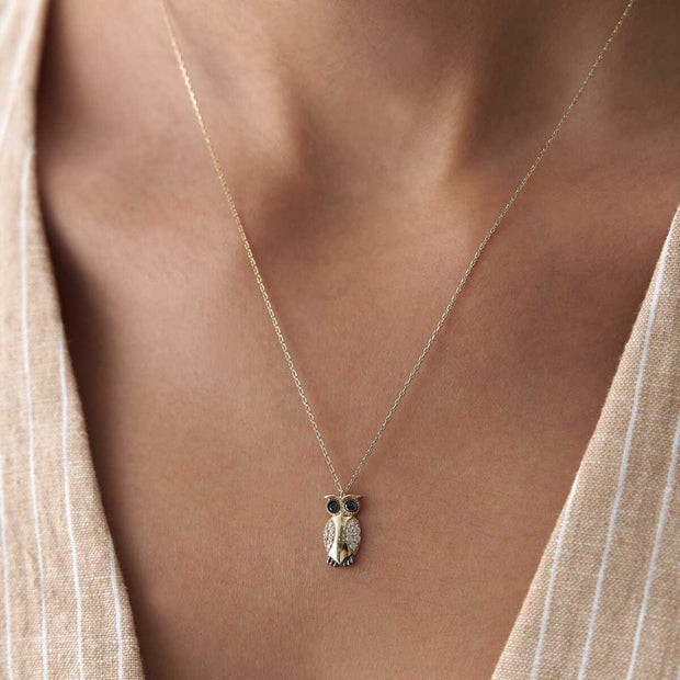 14k Gold Owl Necklace with Pave CZ - Solid 14k Gold Necklace