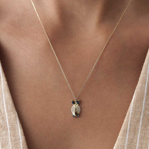 14k Gold Owl Necklace with Pave CZ - Solid 14k Gold Necklace