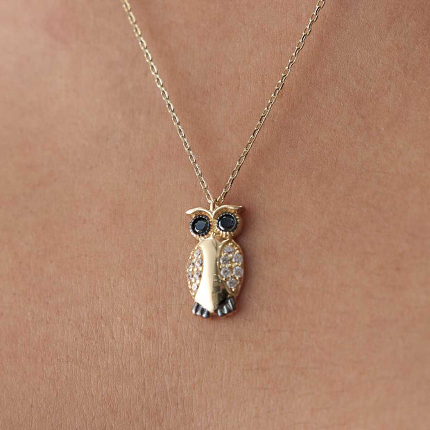 14k Gold Owl Necklace with Pave CZ - Solid 14k Gold Necklace