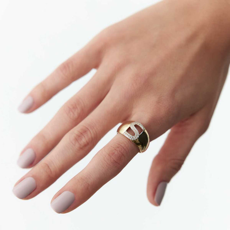 Stone Domed Letter Ring - Solid 14k Gold Ring