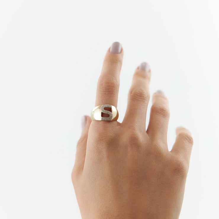 Stone Domed Letter Ring - Solid 14k Gold Ring
