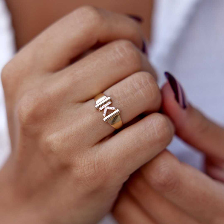 Stone Letter Ring - Solid 14k Gold Ring