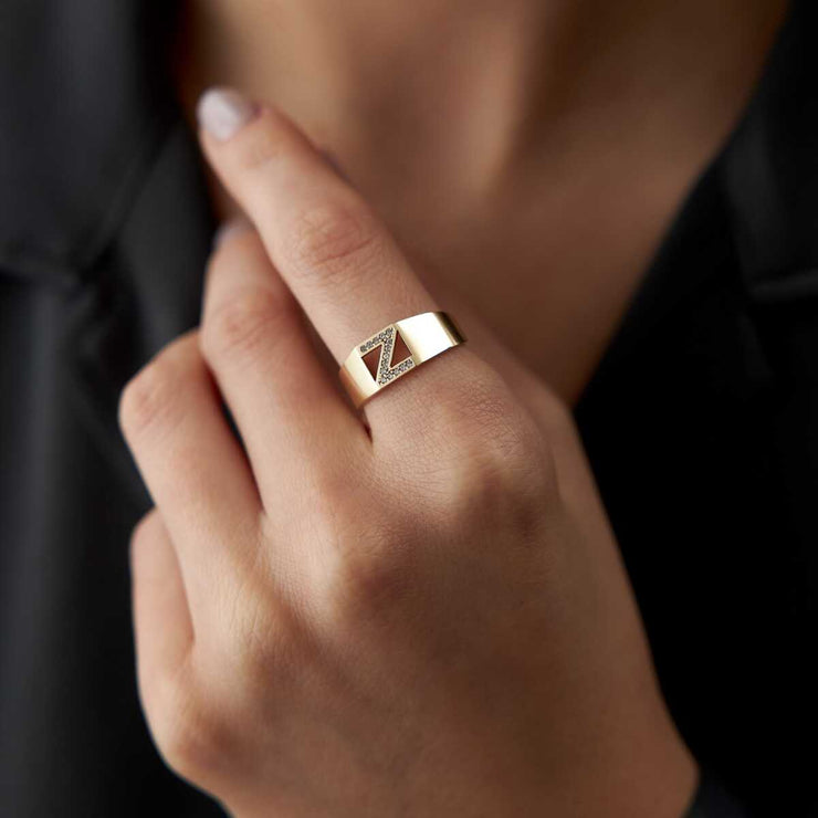 Stone Letter Ring - Solid 14k Gold Ring