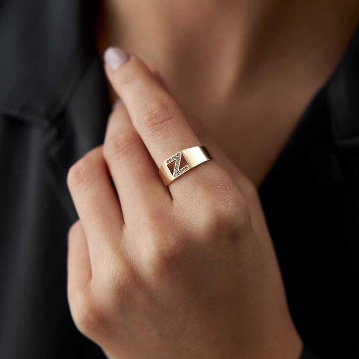 Stone Letter Ring - Solid 14k Gold Ring