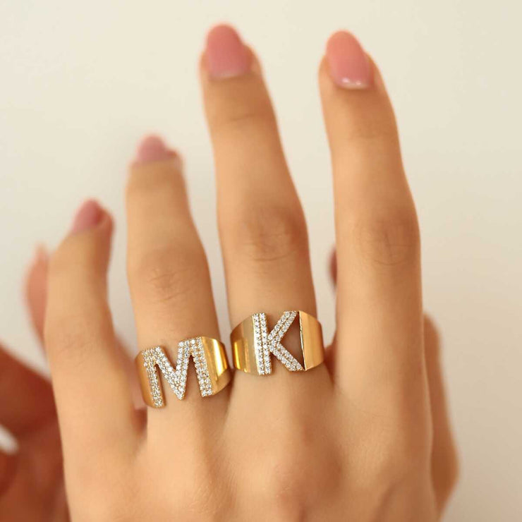 Stone Letter Ring - Solid 14k Gold Ring