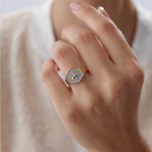 Evil Eye Signet Ring - Solid 14k Gold Ring