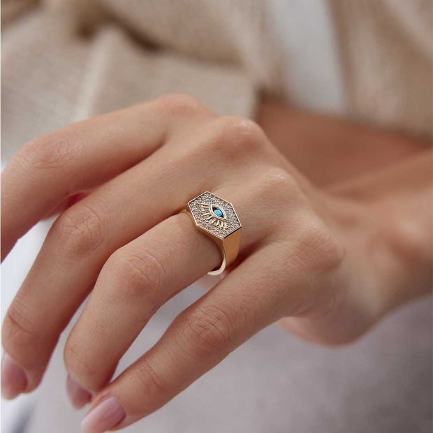 Evil Eye Signet Ring - Solid 14k Gold Ring