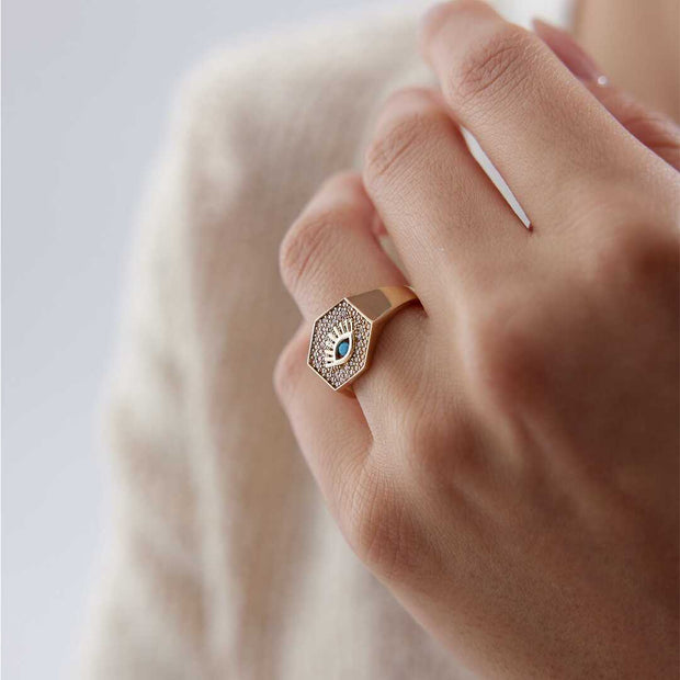 Evil Eye Signet Ring - Solid 14k Gold Ring