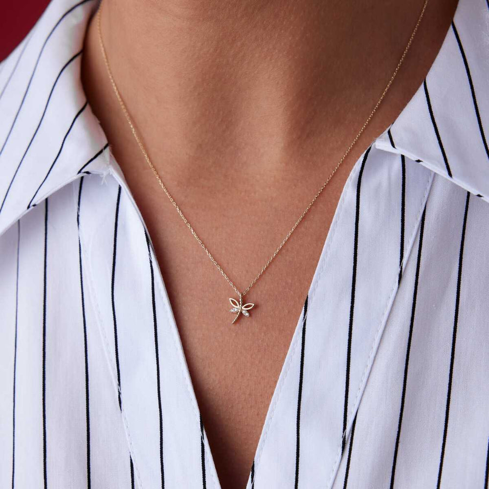 14k Gold Dragonfly Necklace - Solid 14k Gold Necklace
