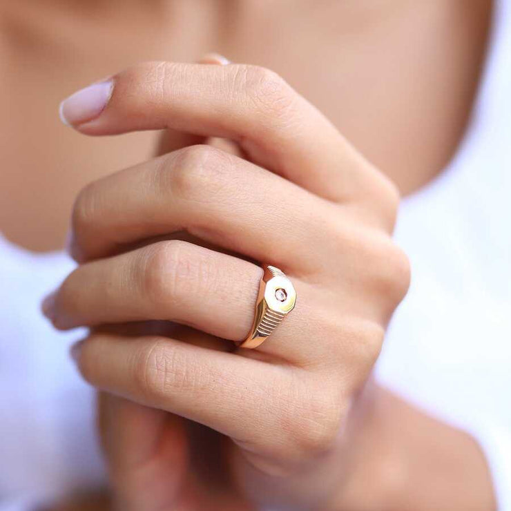 Solitaire Signet Ring - Solid 14k Gold Ring