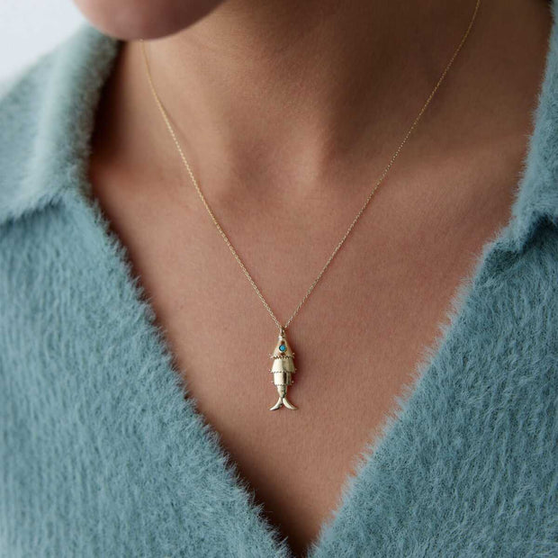 14k Gold Turquoise Eye Fish Necklace - Solid 14k Gold Necklace