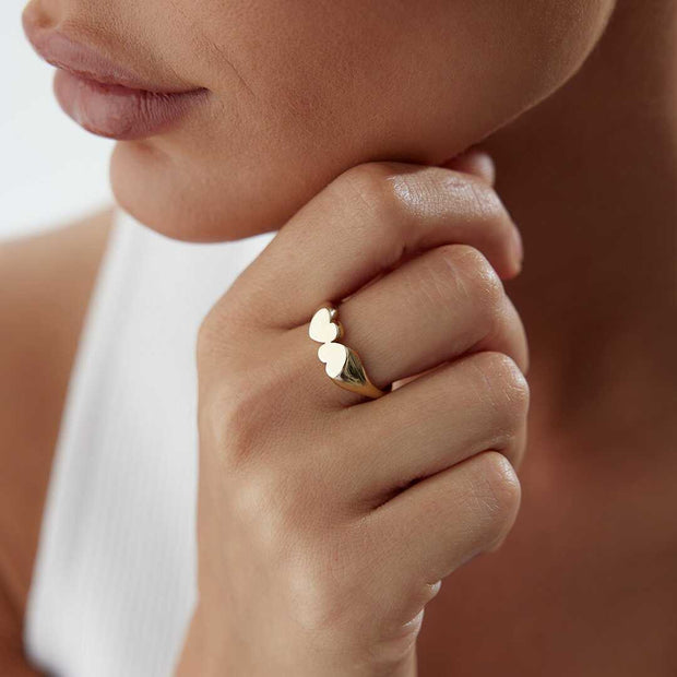 Twin Heart Ring - Solid 14k Gold Ring