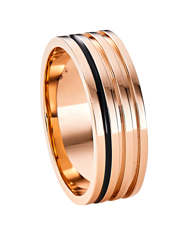 Triple Channel 5mm Wedding Band in Solid Gold and Black Enamel