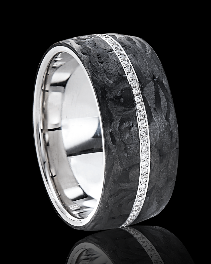 Wedding Band with Diamonds and Black Carbon