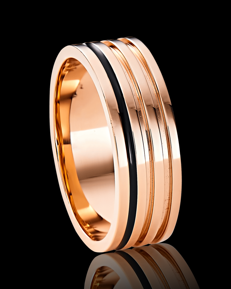 Triple Channel 5mm Wedding Band in Solid Gold and Black Enamel
